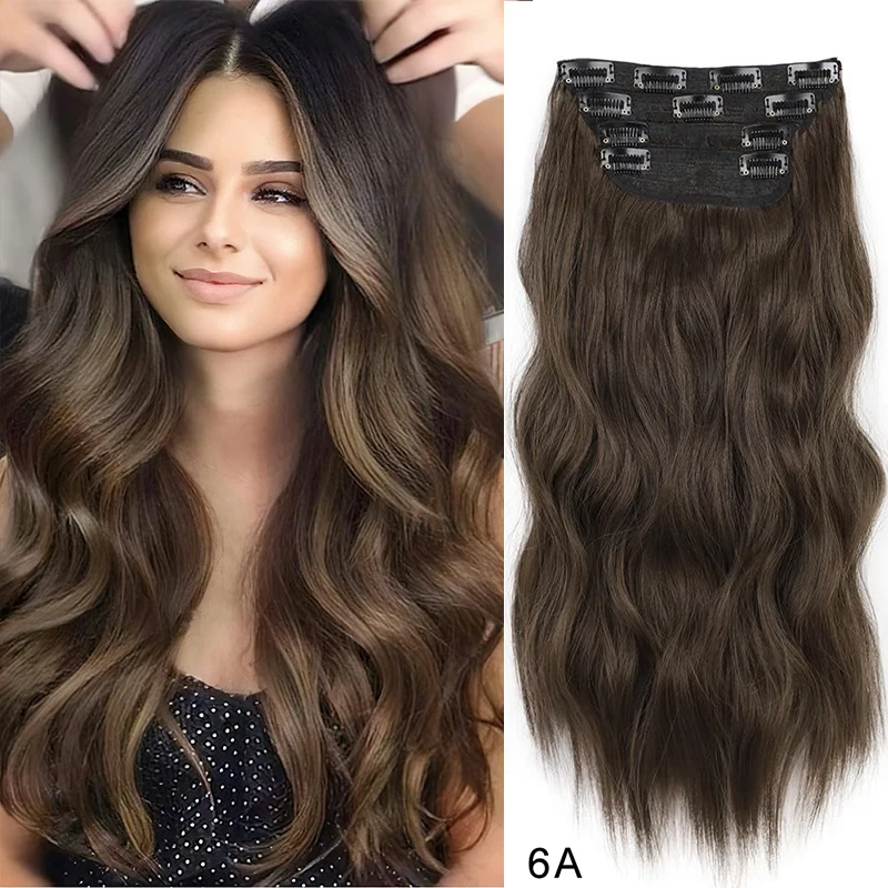 

4PCS Clips in Hair Extensions 11Clips 180g Thick Hair Honey Blonde Mixed Light Brown 20 Inch Long Wavy Synthetic Hair Extensions