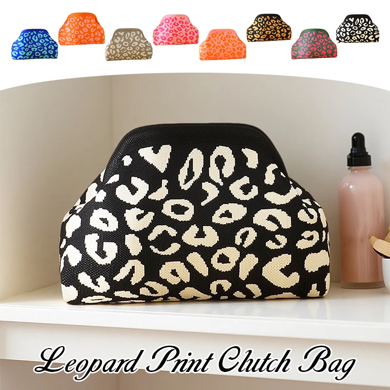 

Dopamine Leopard Print Knitched Clutch Bag Soft Knitted Texture with Gold Chain Everyday Versatile Purse for Women