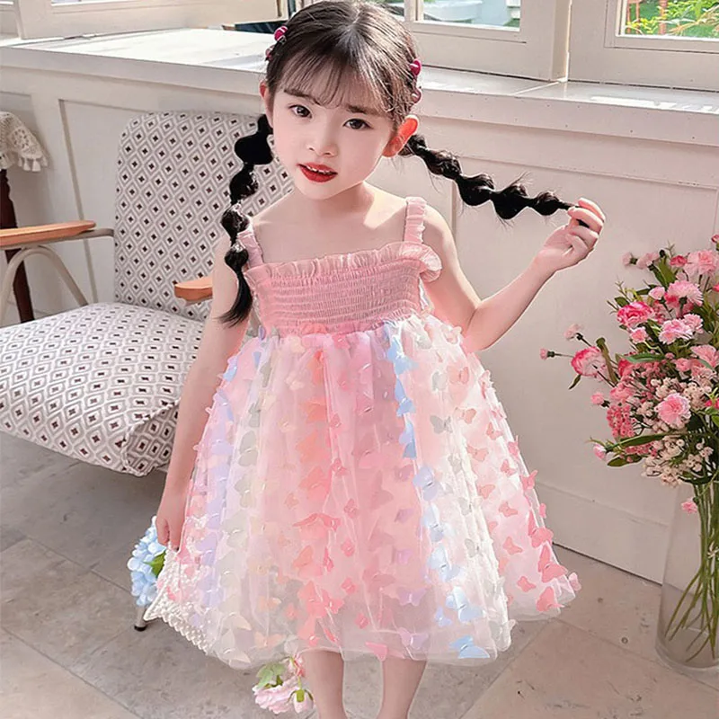 Stereoscopic Big Butterfly Decoration Summer Gauze Cotton Sling Dress Kid Girs Vestido Princess Ball Birthday Party Dresses 1-8Y