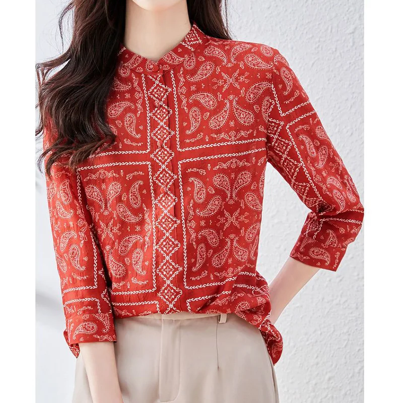 Spring Summer New Ethnic Style Stand Neck Loose Fit Shirt Vintage Three-quarter Sleeve Single Row Multi Buckle Chiffon Blouses