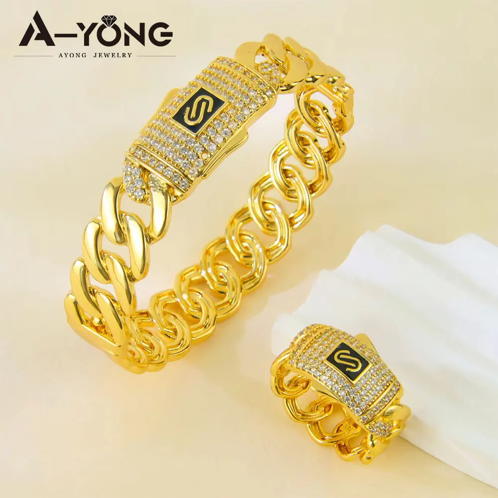 

Italian Fashion Zirconia Jewelry Set 24k Gold Plated Arabic Geometric Opening Bangles Ring Dubai Women Event Party Jewelrys