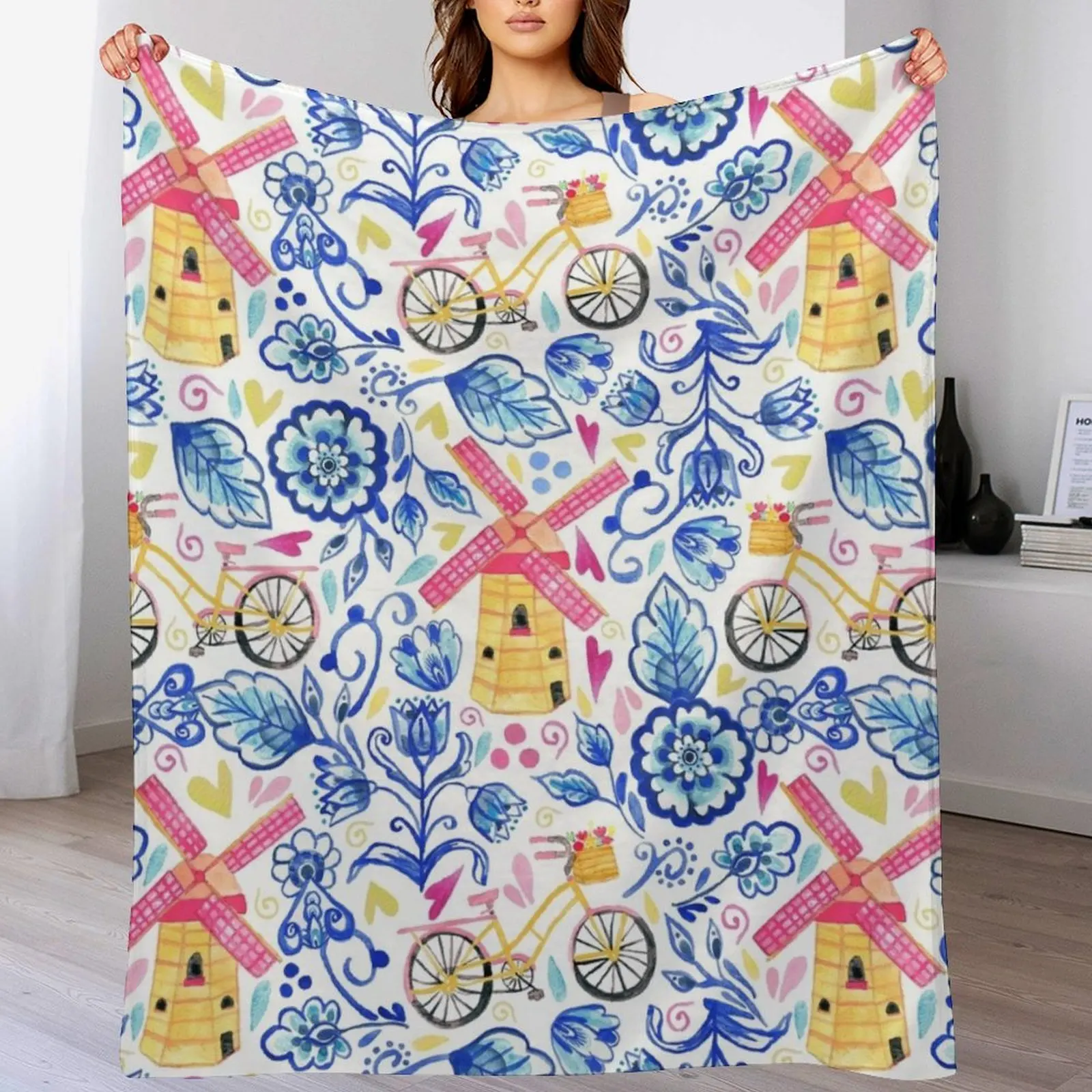 Netherlands Whimsy - Delft, Bicycles & Ornamental Windmills Throw Blanket Extra Large Throw bed plaid Blankets