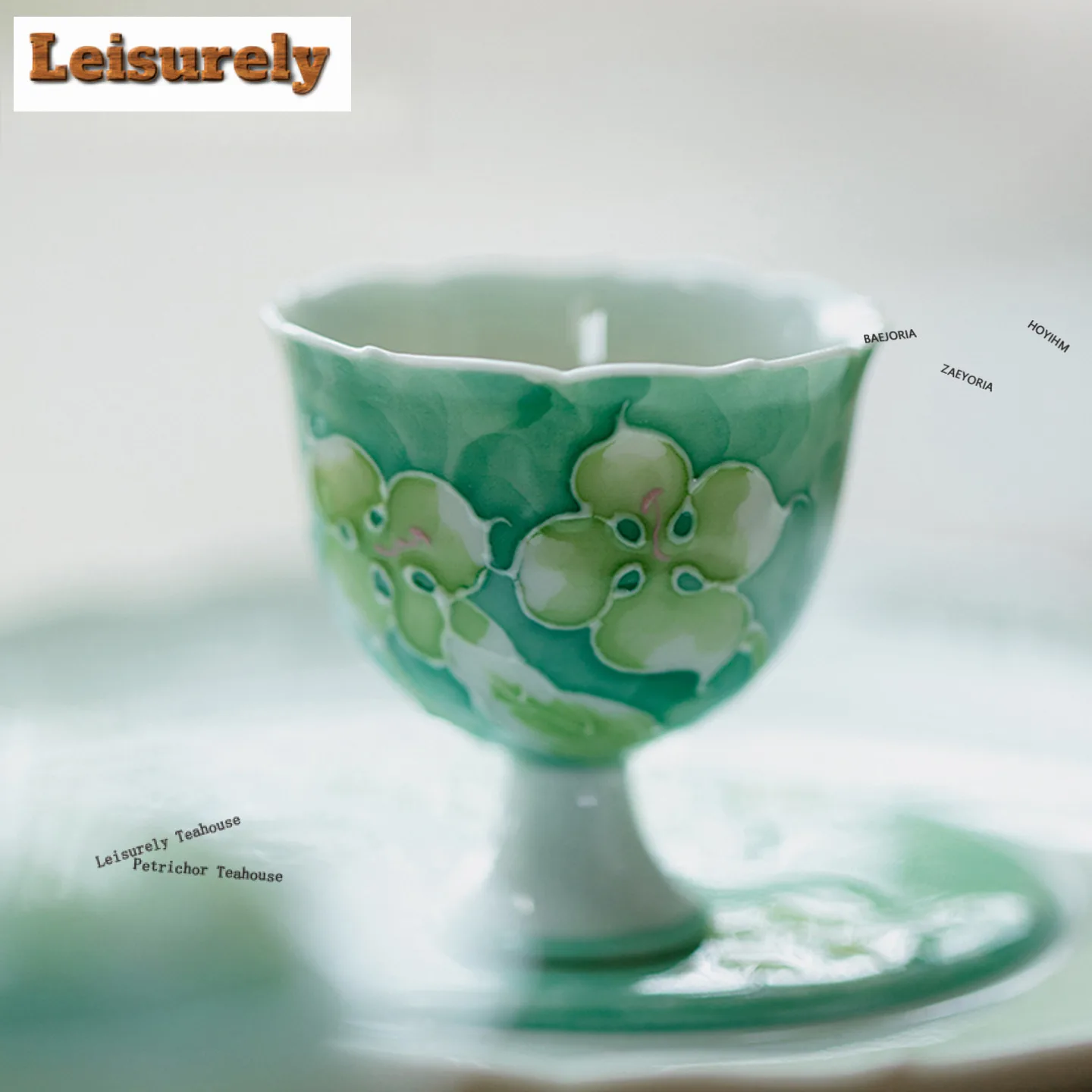 

25ml Hand Painted Light Green Four Petals Flower Teacup Retro Tea Bowl Single Cups Tea-tasting Meditation Cup Chazhan Master Cup