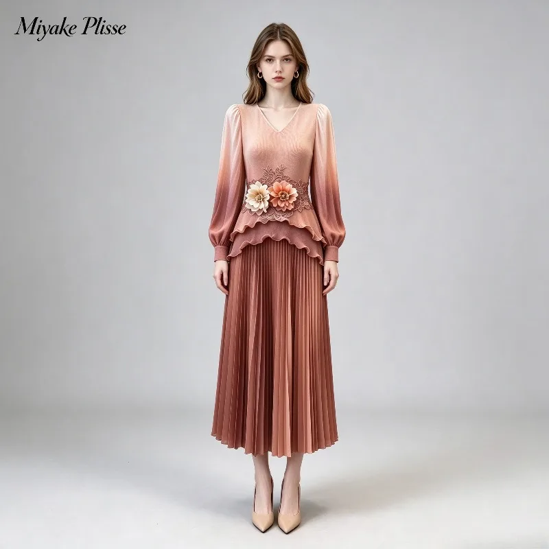 Autumn New Pleated 2026 Dress Set Gradient V-Neck Lantern Sleeve Lace Flower Waist Accessory + Ruffled Pleated Two-Piece Set