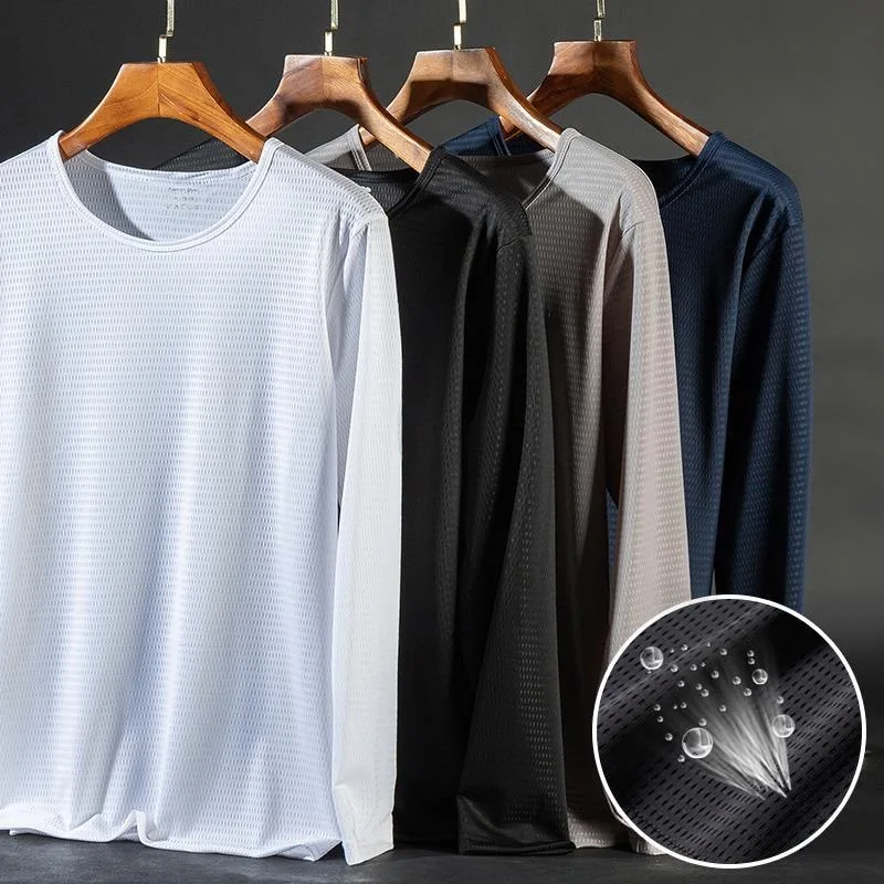 Ice Silk Men's Summer Thin Breathable Mesh UV Protection T-Shirt Long Sleeve Outdoor Base Layer T-Shirt Loose Fit Youth Trend
