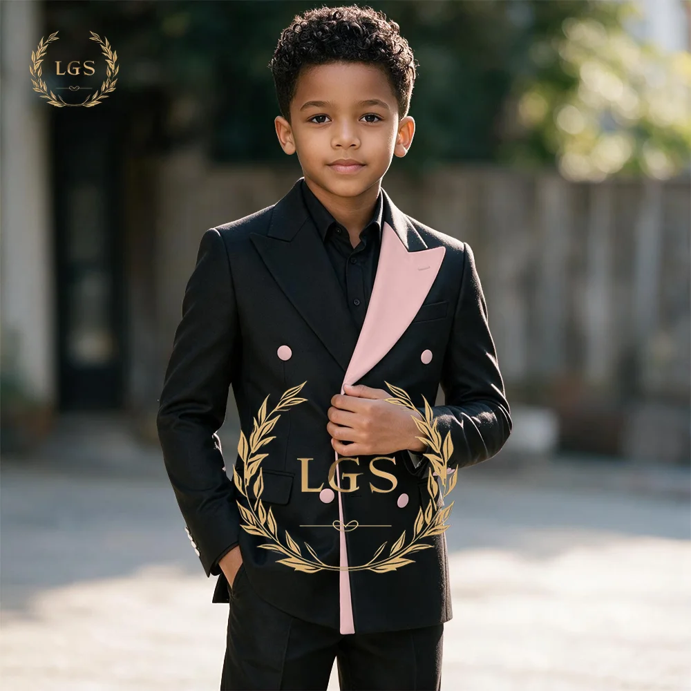 2 Piece Sets Boys Suit Double Breasted Peak Lapel Contrast Jacket Pants Slim Fit Kids Wedding Party Graduation Outfit Child