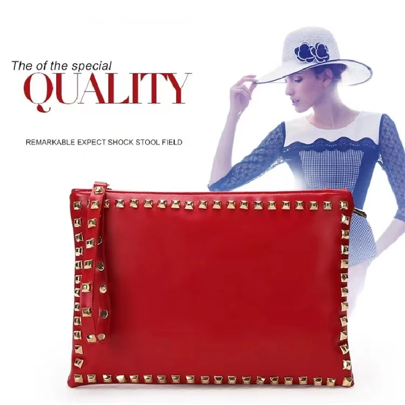 Leather Rivet Handbags for Women, Daily Clutches, Black Envelope, Evening Party Bag, High Quality, Female Shoulder Bags