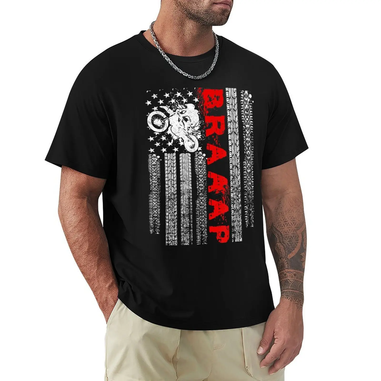 

Braaap Vintage USA American Flag Dirt Bike Rider Motocross T-Shirt cute tops Blouse designer shirts Men's clothing