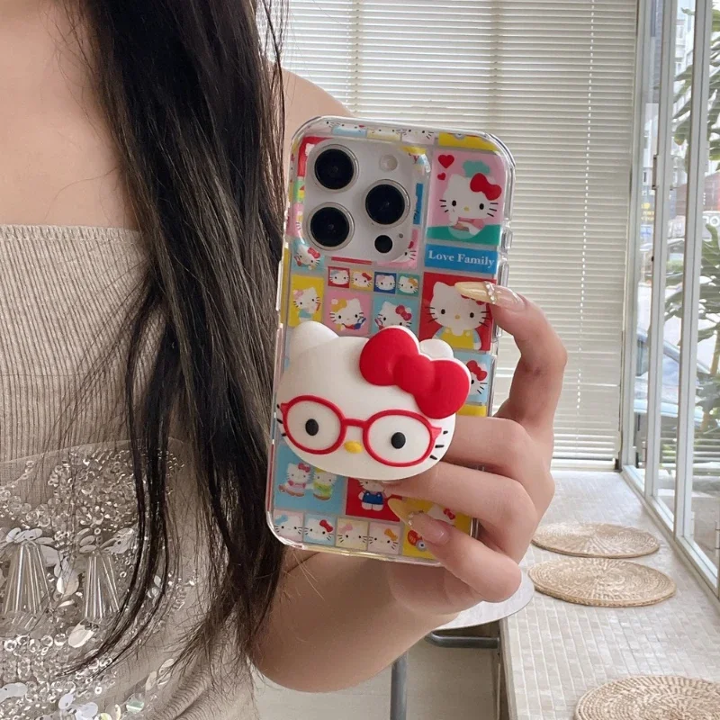

Милый мультяшный Sanrio Hello Kitty Ins, корейский чехол-подставка для телефона для iPhone 17 Pro 16 15 14 13 Pro Max, противоударный жесткий чехол