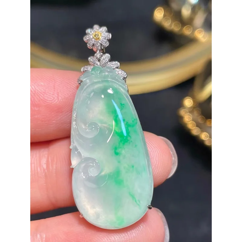 Cui Run Fang Ice Green Jadeite Ruyi Pendant for Women, 18k Gold Inlay, Natural Burmese Old Mine Grade A