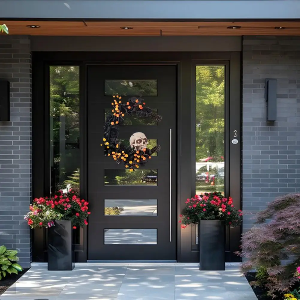 

Halloween Decoration Black Cat Wreath Spooky Halloween Skull Wreath with Black Roses Moon Garland Handmade Front for Halloween