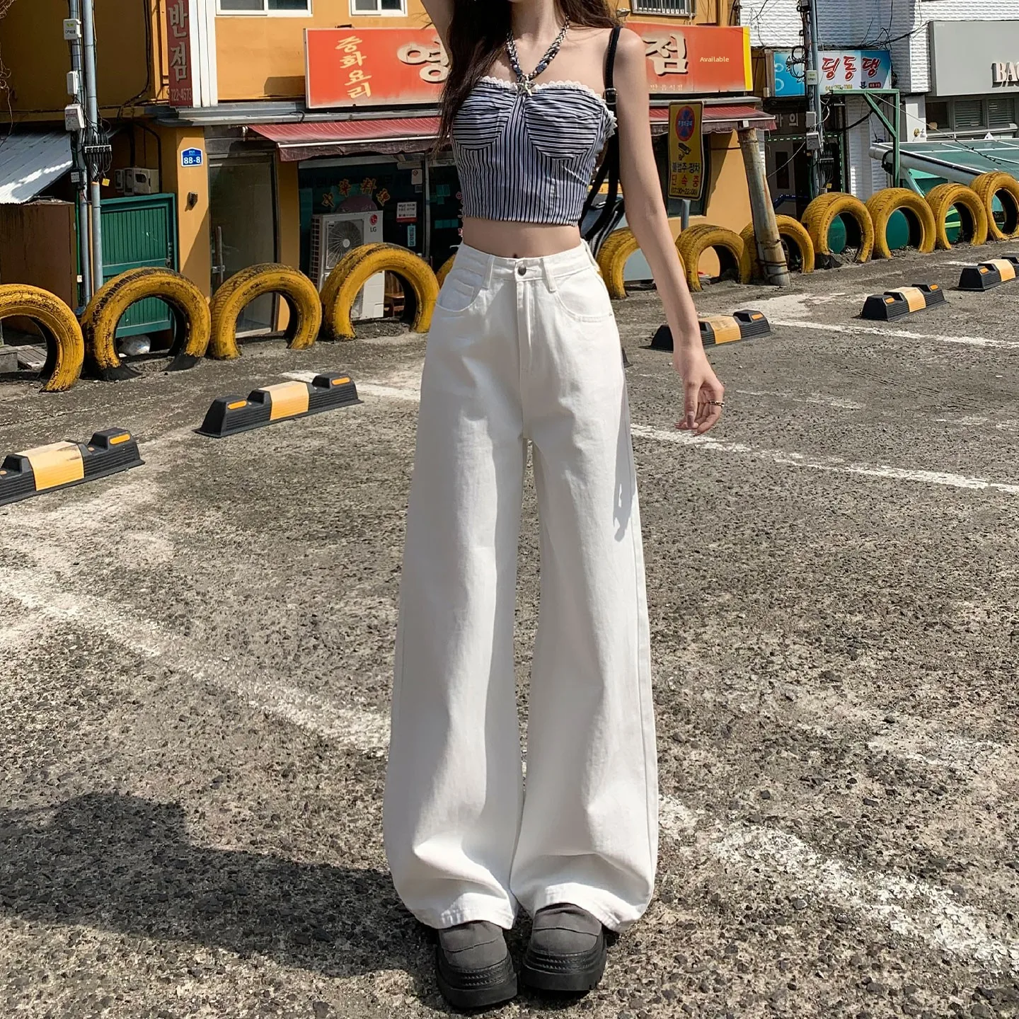 

High Waist Wide Leg Jeans Women's Non-Light White Loose Drapey Straight Floor-Length Pants Lazy Sle Cotton Stretch Denim