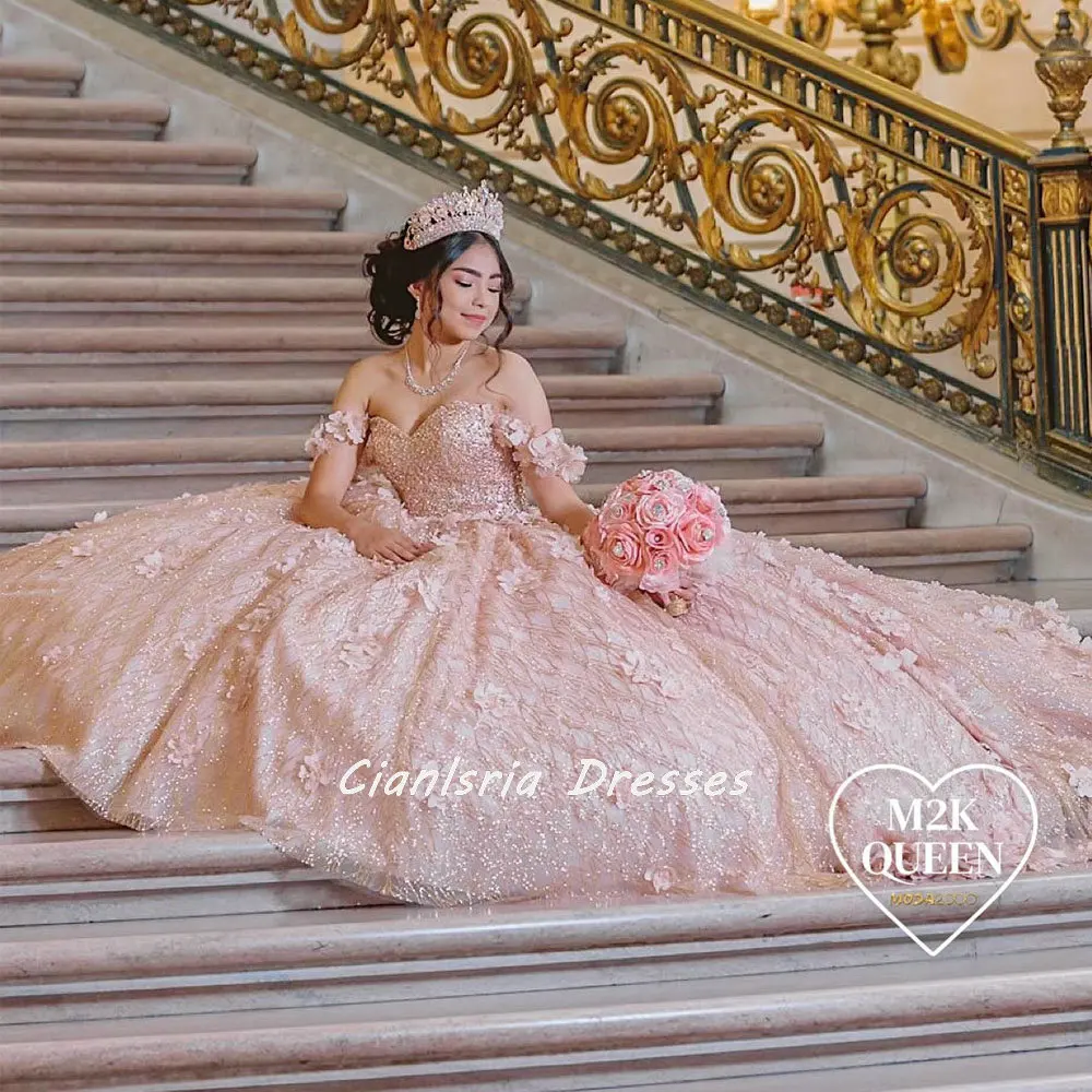 Pink Glitter Crystal Sequined Ball Gown Quinceanera Dresses Off The Shoulder 3D Flowers Beading Corset Vestidos De XV Años