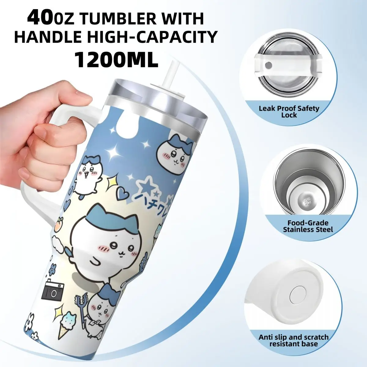 Kubek termiczny ze stali nierdzewnej Chiikawa, kubek podróżny 40oz, kubek do kawy, utrzymuje ciepło i zimno, butelka na mleko, herbatę, wodę.