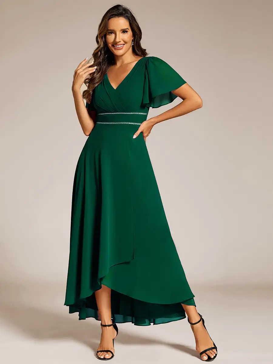 Sempre bonita-vestido de noite chiffon, vestido de noite elegante, dupla v-colar, cintura, babados mangas, verde escuro, 2024