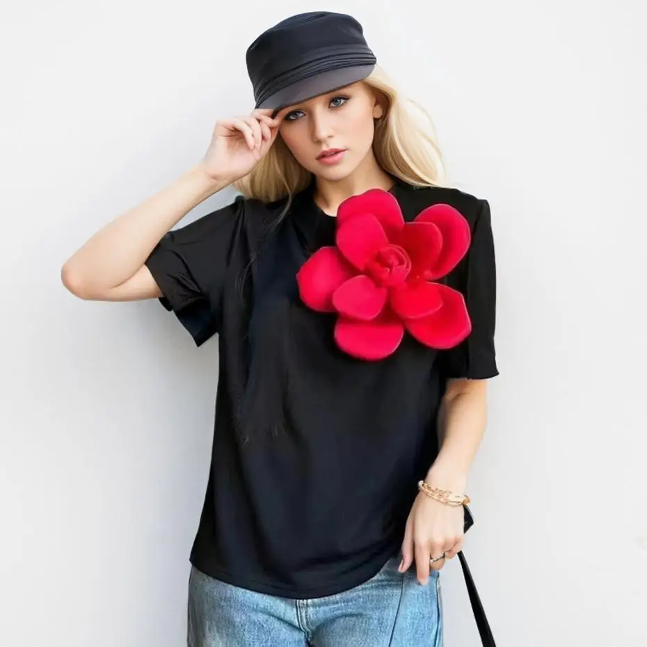 

Dimanaf 2024 New Summer Women T-Shirt Cotton Short Sleeve Letter Flower Design Loose Basic Casual O-Neck Tops T-Shirt New Big