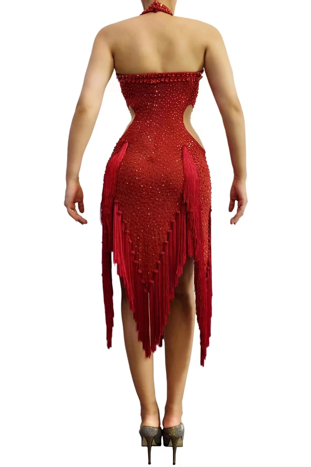Robe Latine à Franges avec Strass Rouges pour Femme, Costume de Pôle brev, Tenue de Performance sur Scène, Concours, DJ, Discothèque, A244