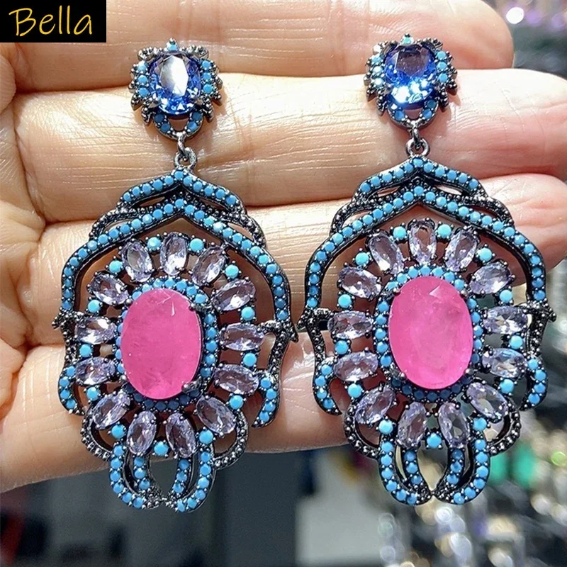 

Зеленые, синие серьги для женщин, роскошные ювелирные изделия, блестящие циркониевые большие висячие серьги, свадебные вечерние украшения, женский подарок