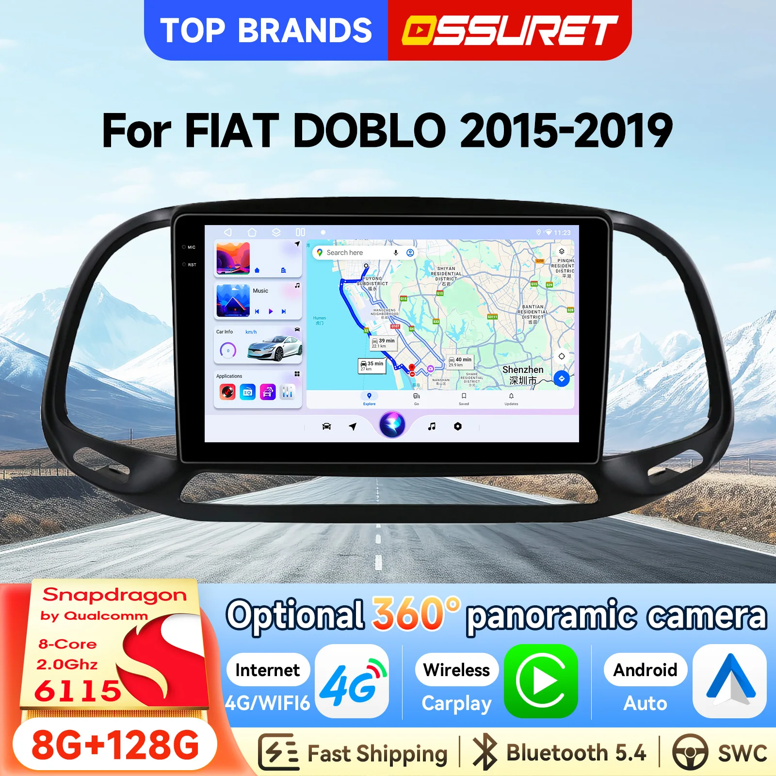 OSSURET Consegna Rapida 2 Din 9 Pollici Android 15 Autoradio con Navigazione GPS per Fiat Doblo 2015‑2019 Unità Principale con CarPlay Wireless Android Auto SWC Octa Core DSP 4G Wifi RDS Bluetooth