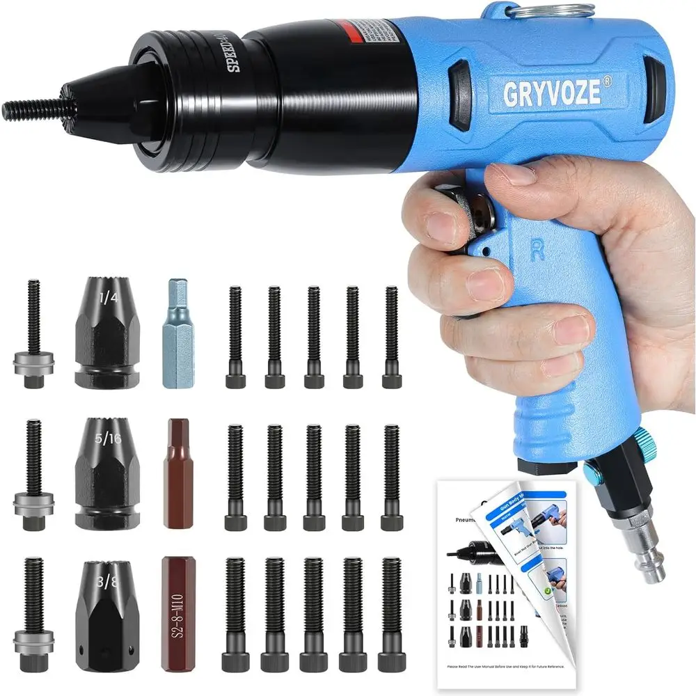Rivet Nut Gun Kit with 1/4 & 5/16 & 3/8 Mandrels, Industrial Grade Air Rivnut Tool Set with Self-Locking Head Gun, Air Riveter N