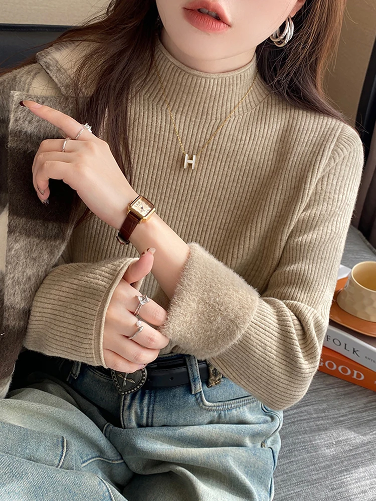 الخريف/الشتاء سميكة المخملية قاعدة سترة جديدة أنيقة بلون محبوك سترة عادية نصف عالية الياقة طويلة الأكمام المرأة سترة #3