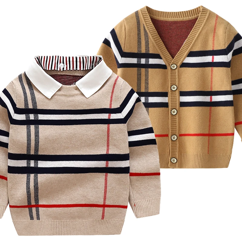 3-7 Years Boys\' Spring Autumn Fashion Detachable Shirt Collar Plaid Jacquard Cardigan Children\'s Fake 2 Piece Knit Sweater