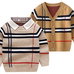 3-7 Years Boys' Spring Autumn Fashion Detachable Shirt Collar Plaid Jacquard Cardigan Children's Fake 2 Piece Knit Sweater