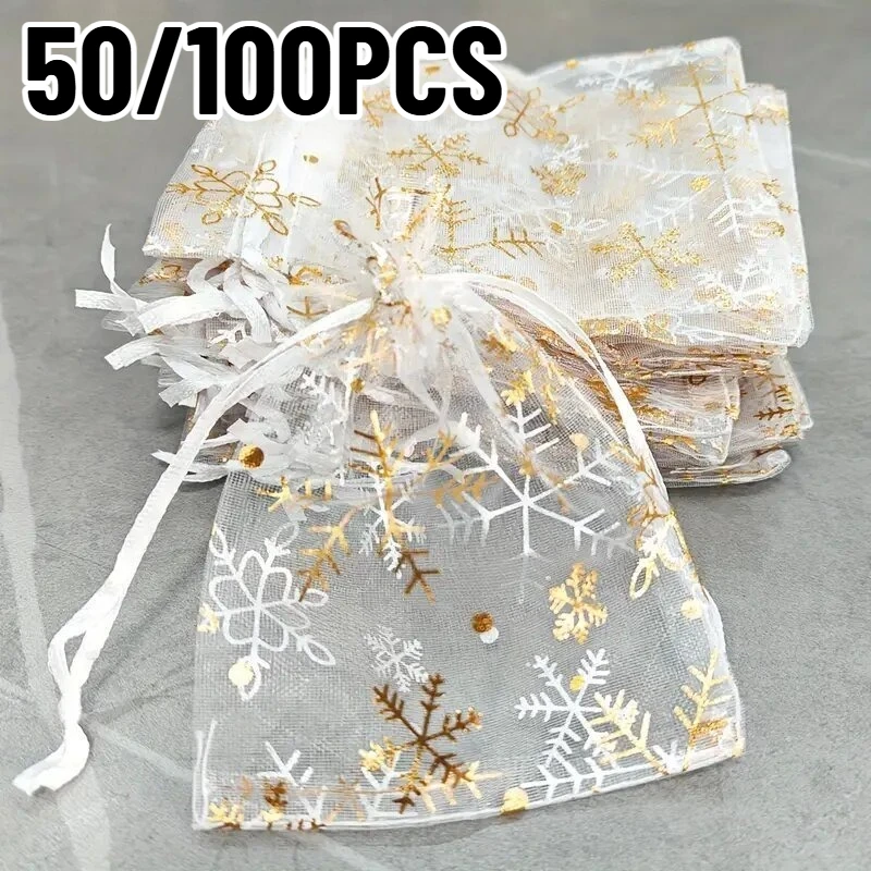 50/100PCS Transparente Mesh Taschen Schneeflocke Kordelzug Taschen Weihnachten Hochzeit Geburtstag Süßigkeiten Geschenke Weihnachten Party Dekorationen