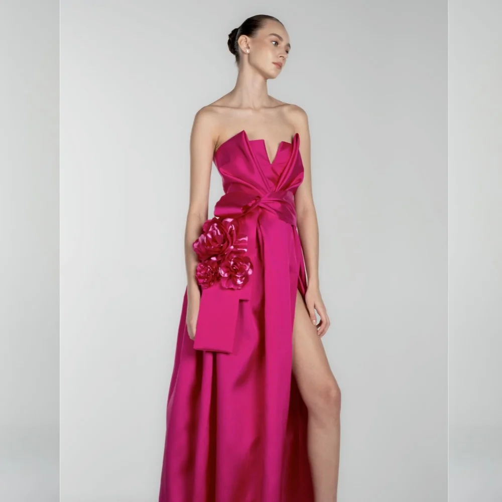 

Customized Satin Flower Ruched Party A-line Strapless Bespoke Occasion Gown Midi Dresses