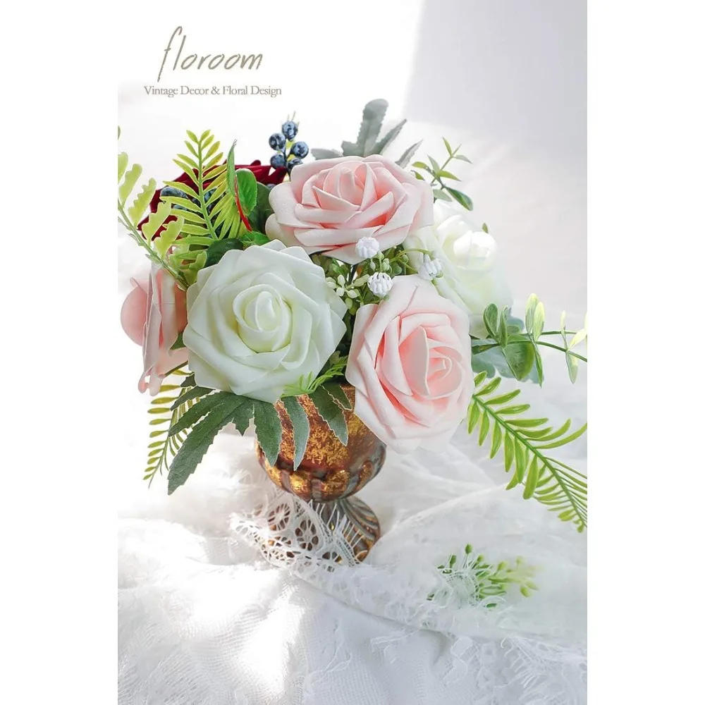 Floroom الزهور الاصطناعية 25 قطعة رغوة أحمر الخدود ذات المظهر الحقيقي الورود وهمية مع ينبع DIY بها بنفسك باقات الزفاف دش الزفاف #3