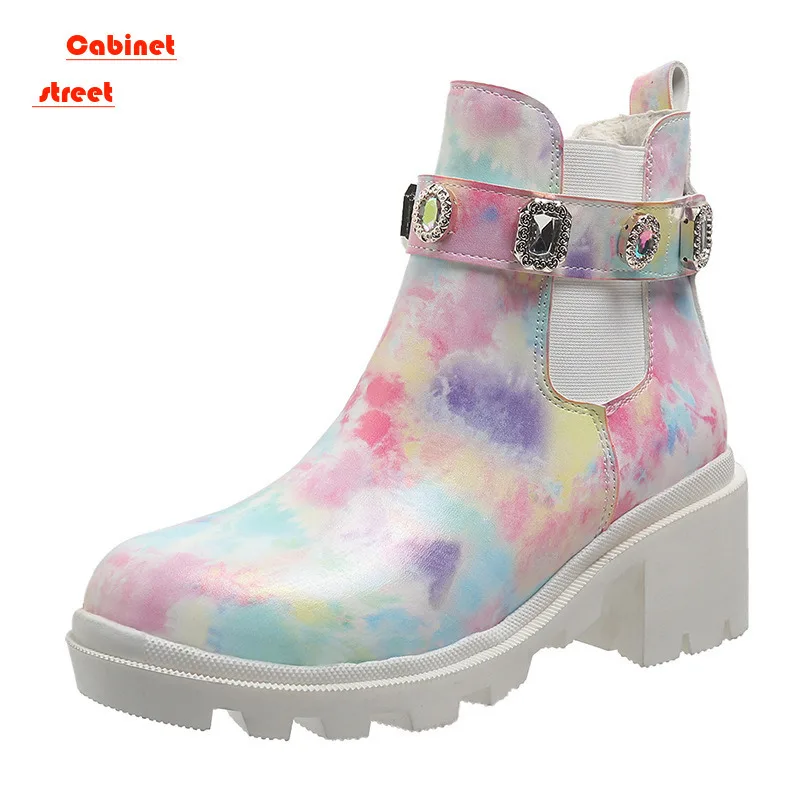 

2024 New Women Ankle Snow Boots Crystal Rhinestone Slip On Platform PU Leather Women's Booties Spring Autumn Females Footwear