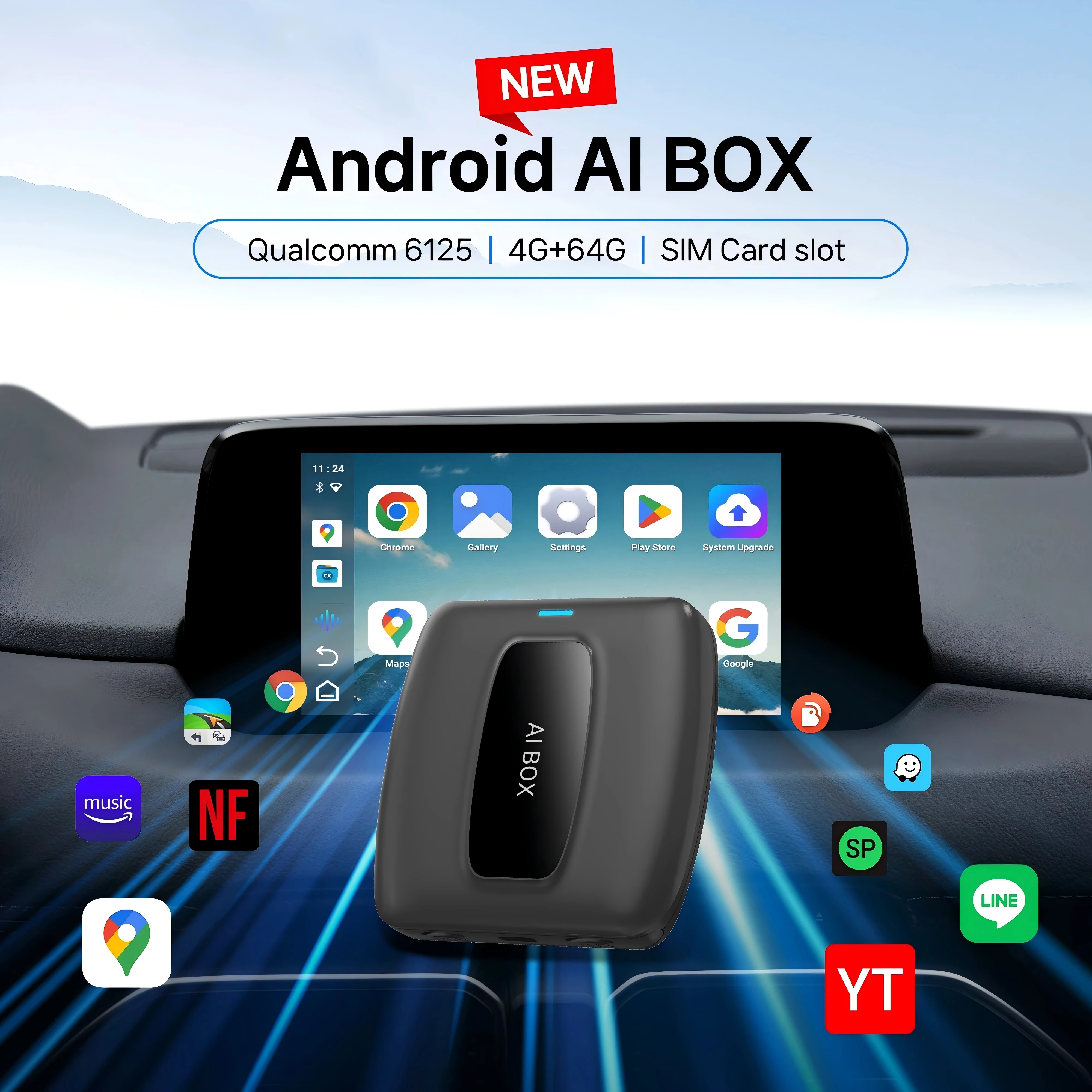 2025 CarPlay AI Box ไร้สาย Android Auto Adapter - Qualcomm SD6125 สมาร์ททีวี Dongle w/ติดตั้ง Netflix YouTube สําหรับ Univers