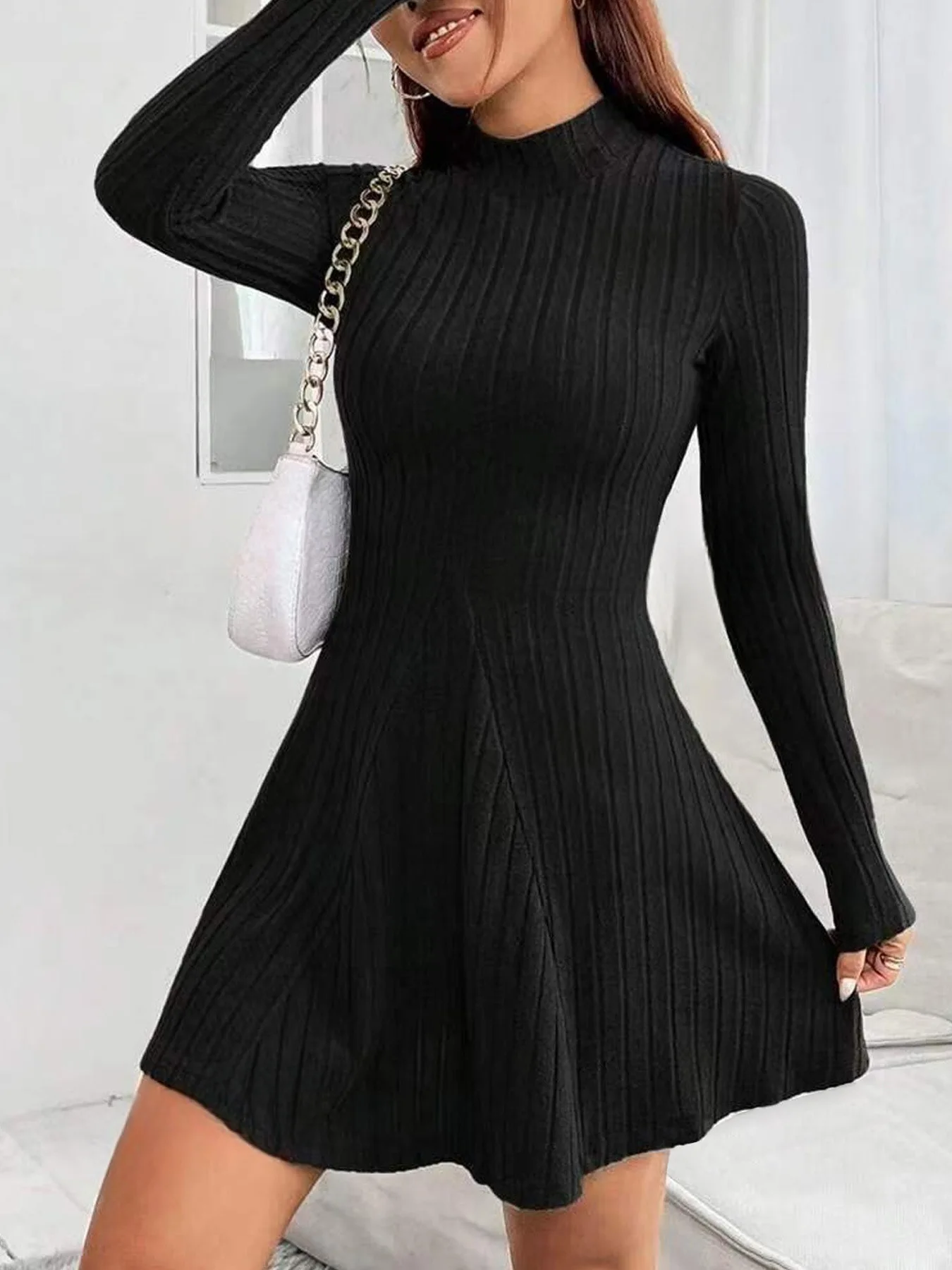 Vestido corto de punto para mujer, prenda informal de manga larga, Cuello medio alto, color negro, versátil, ideal para Otoño e Invierno