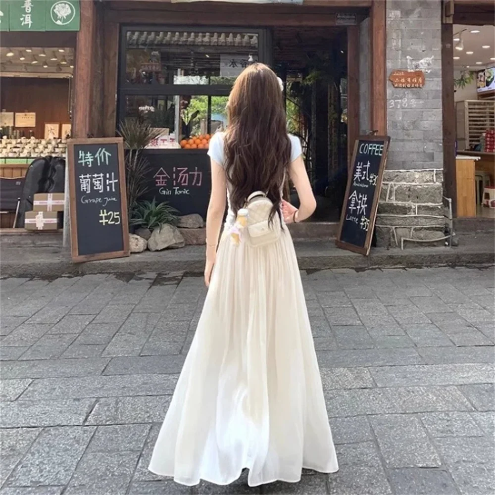 2026 Korean Style High Waist Vintage A Line Midi Skirt for Women Spring Summer New Arrival Elegant White Slim Casual Party Dress