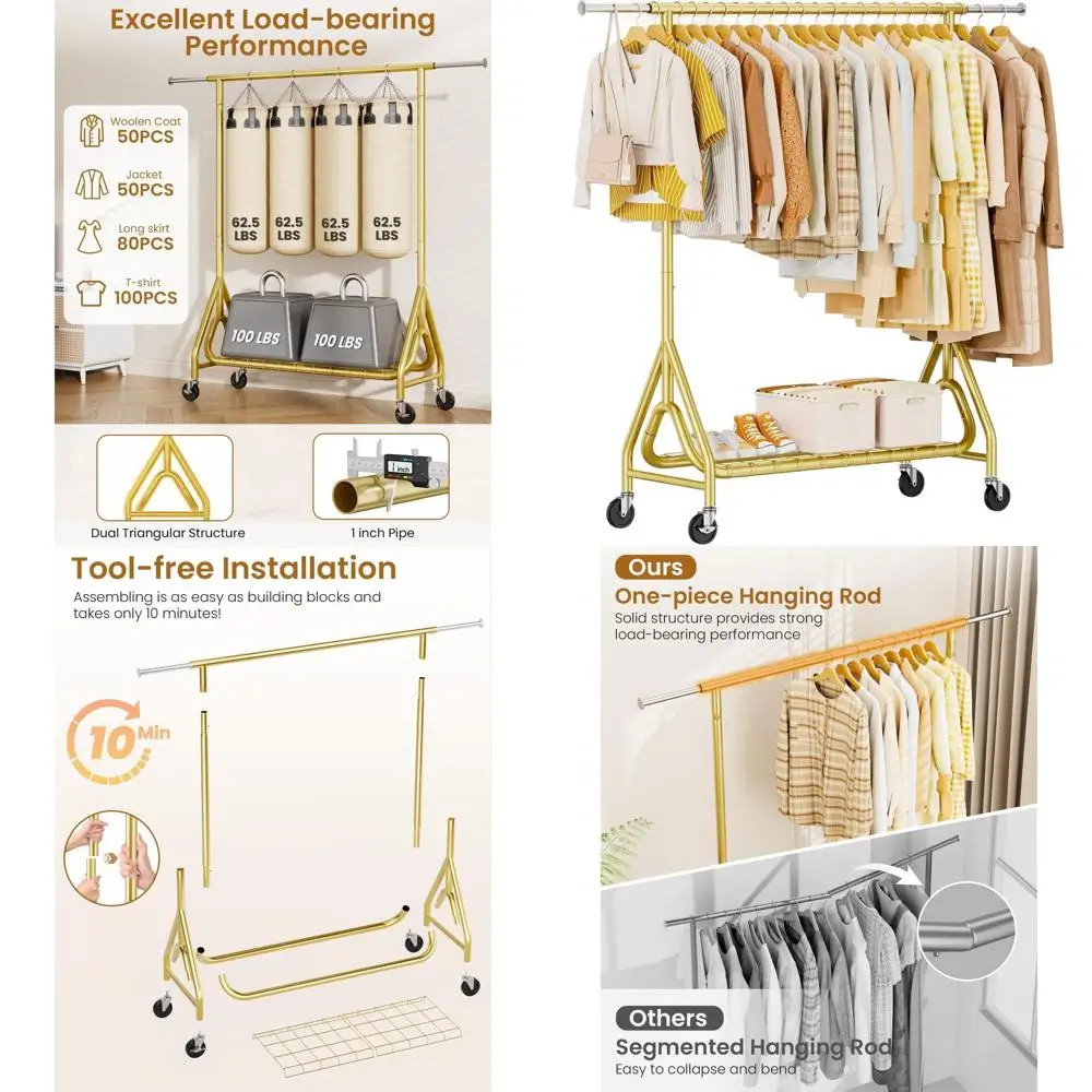 Sturdy Metal Rolling Clothes Rack - 450 lbs Capacity, Lockable Wheels, Gold for Bedroom Wardrobe Closet