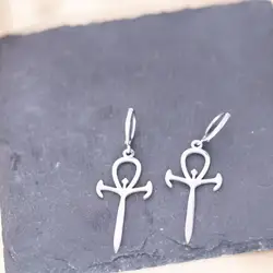 QIAMNI Stainless Steel Vintage Egyptian Cross Ankh Sword Charm Huggies Hoop Earrings Jewelry Gift Bijoux Pendientes