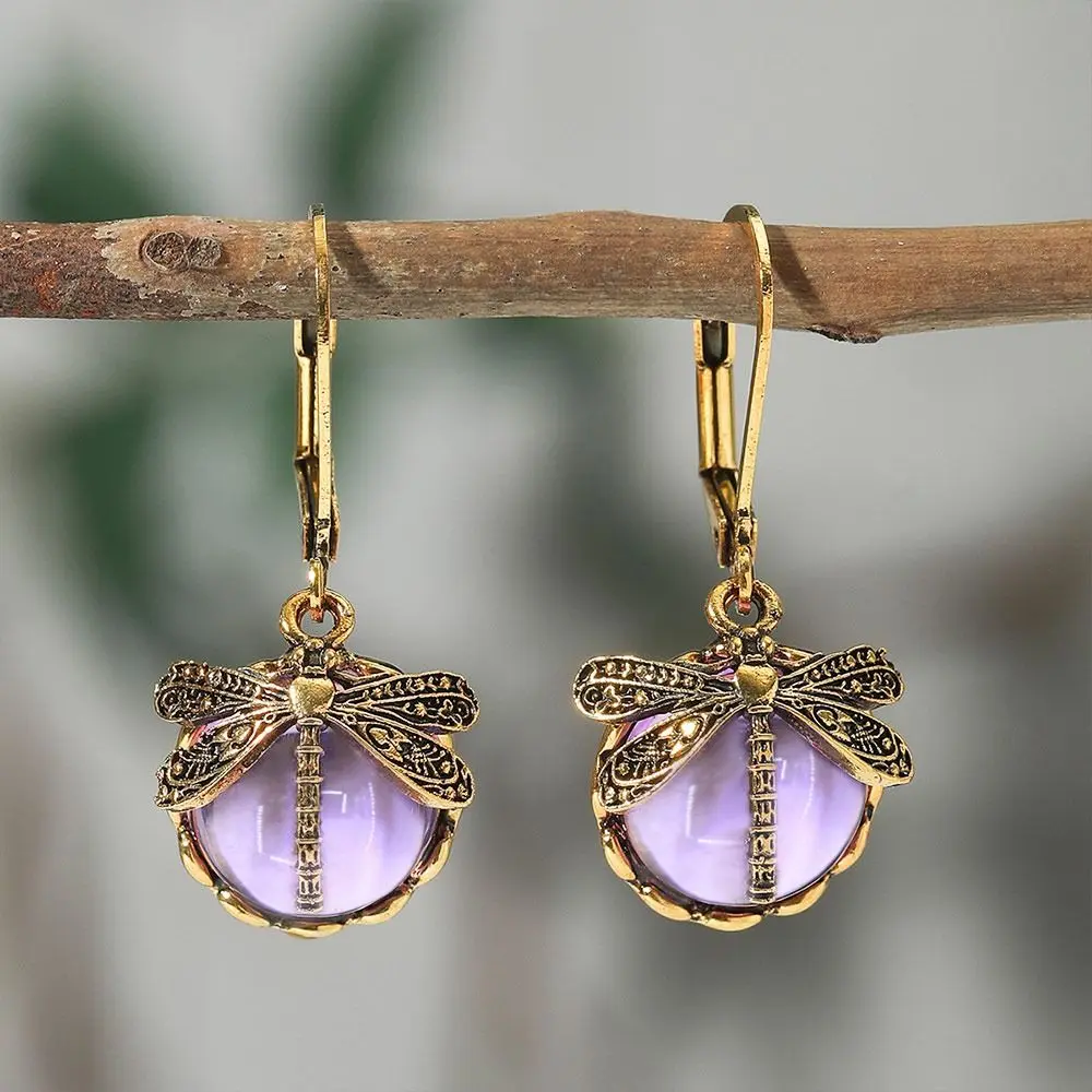 

Metal Dragonfly Pendant Earrings Vintage Drop Earrings Inlaid Moonstone Drop Earrings Carving Pattern Vintage Dragonfly Earrings