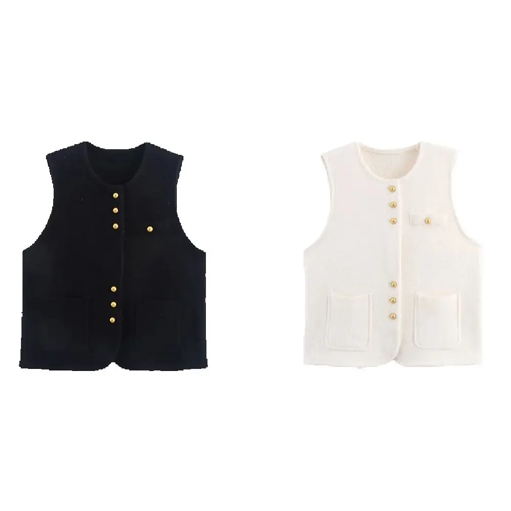 

New women's small fragrant style three button round neck sleeveless knitted vest cardigan