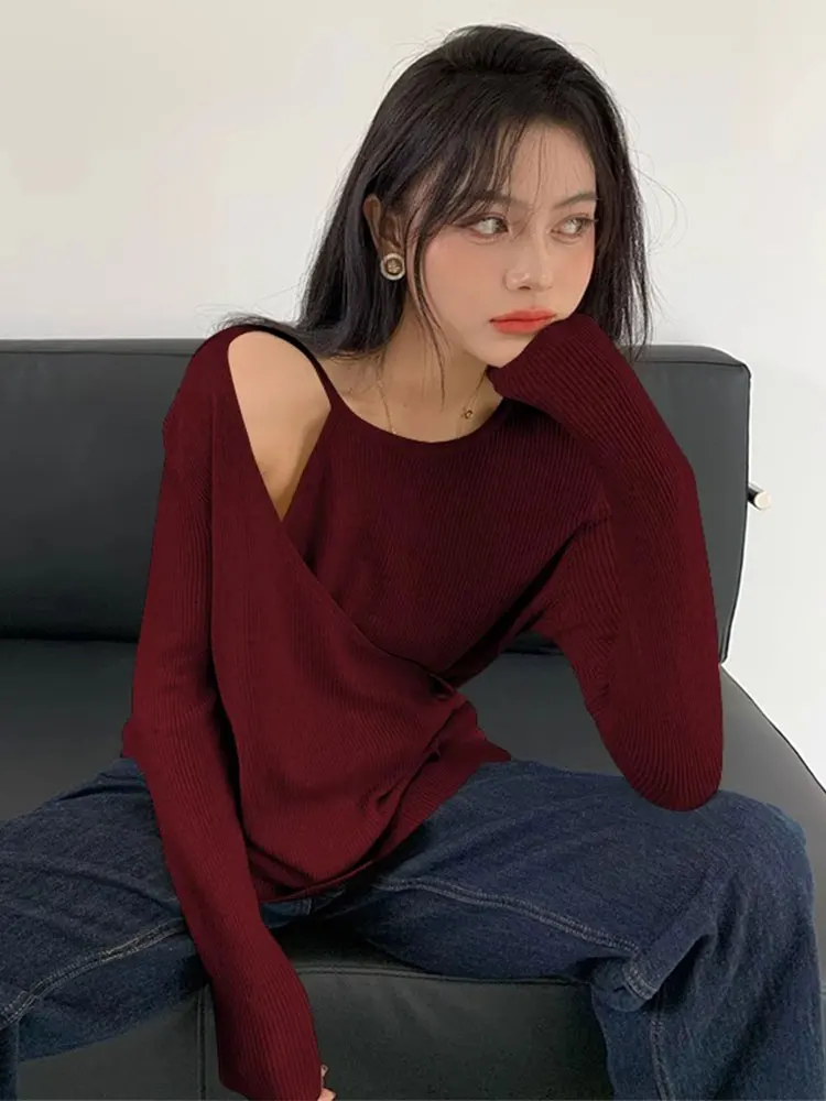 Ankela Red Asymmetrical Shoulder Bared Knitted Base Layer Women's Autumn Sweater High-End Feel Top Korean Style Commute Fashion