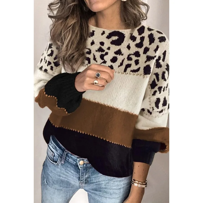 New Women\'s Loose Leopard Printed Knitted Sweater Autumn Winter Pullovers Sweater Top Women\'s Casual Long Sleeve O-Neck Sweater