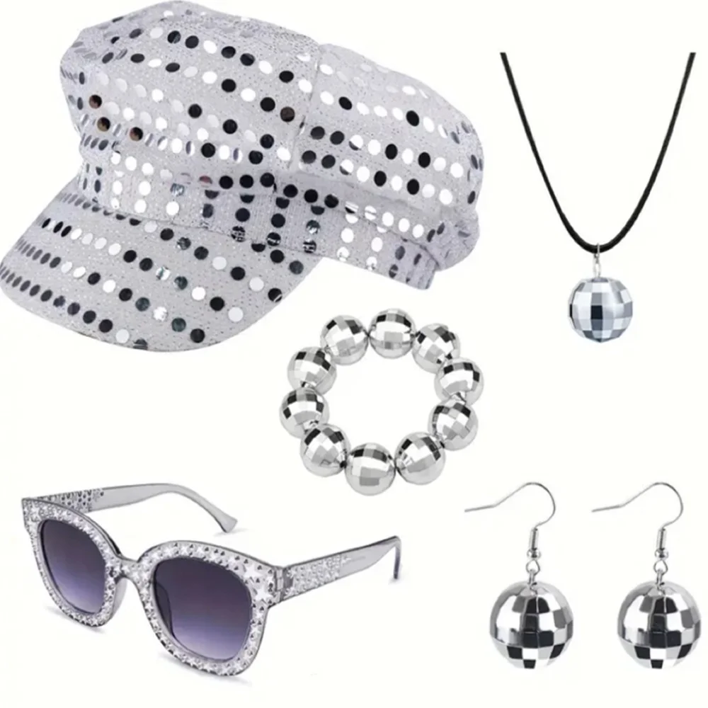 

3/5PCS 70s Disco Costume Accessories Set Women 80s Disco Earrings Sequin Hat Sunglasses Stage Performance Props Halloween Party