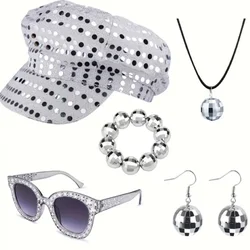 3/5PCS 70s Disco Costume Accessories Set Women 80s Disco Earrings Sequin Hat Sunglasses Stage Performance Props Halloween Party