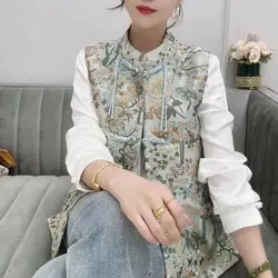 Oversize chinese style women's embroidered patchwork vest cheongsam collar buckle lady versatile sleeveless jacquard vest coat