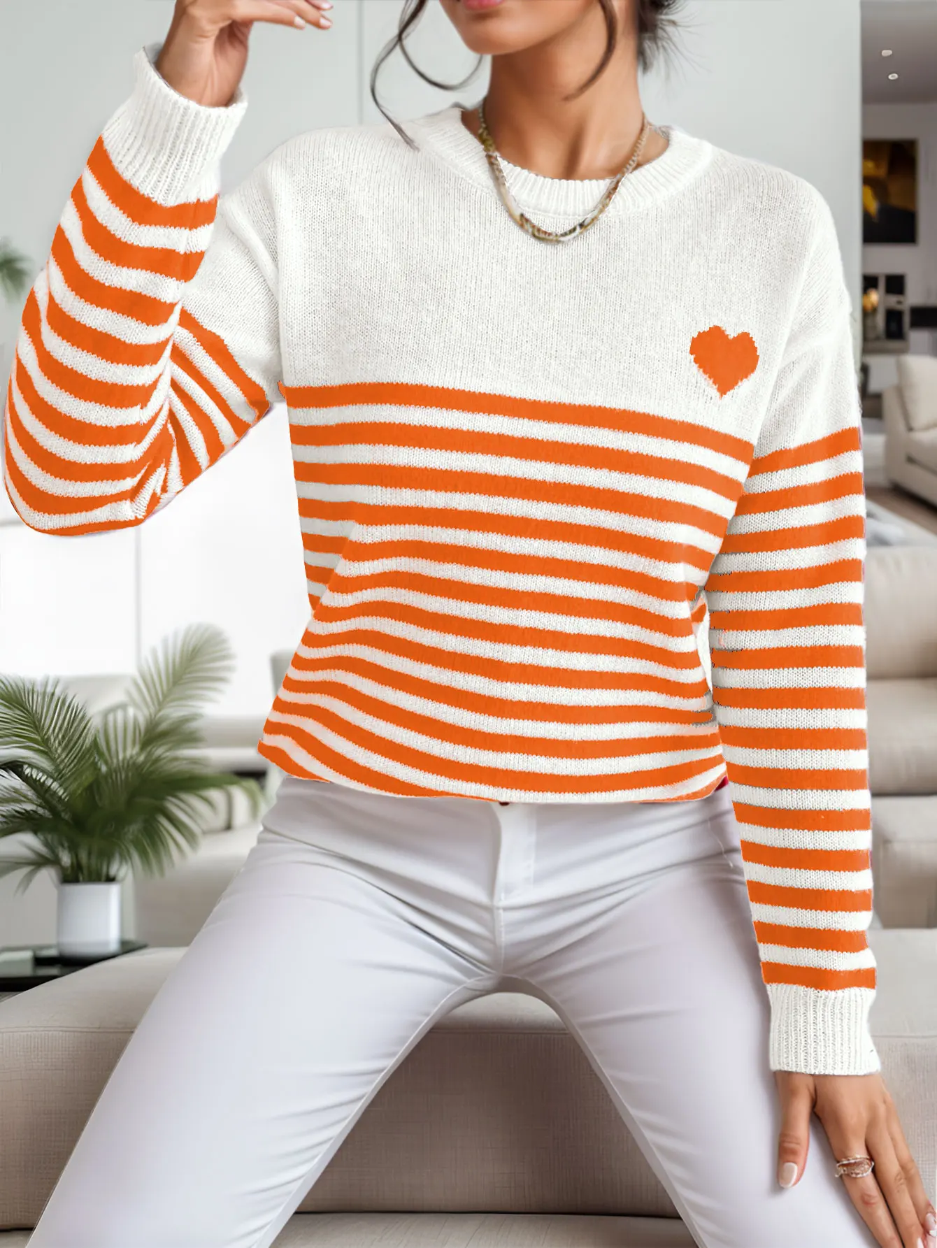 Women Striped Knit Love Heart Long Sleeve Base Layer Casual Loose Fit Sweater for Autumn & Winter