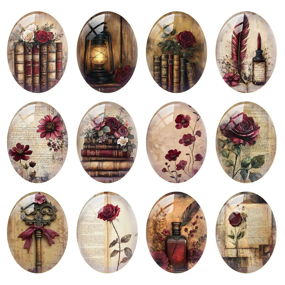 Random Mixed Round/Oval/Square Dark Red Rose Vintage Letter Photo Glass Cabochon Flatback Demo Cameo For Diy Jewelry Making