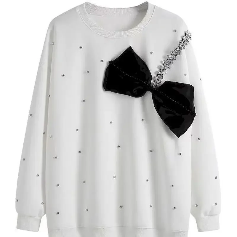 Oversized Pullovers Women Spring Autumn Trendy Fashion Beaded Bowknot Pullover Casual Plush/thin Cute Tops Womens Y2k Clothes