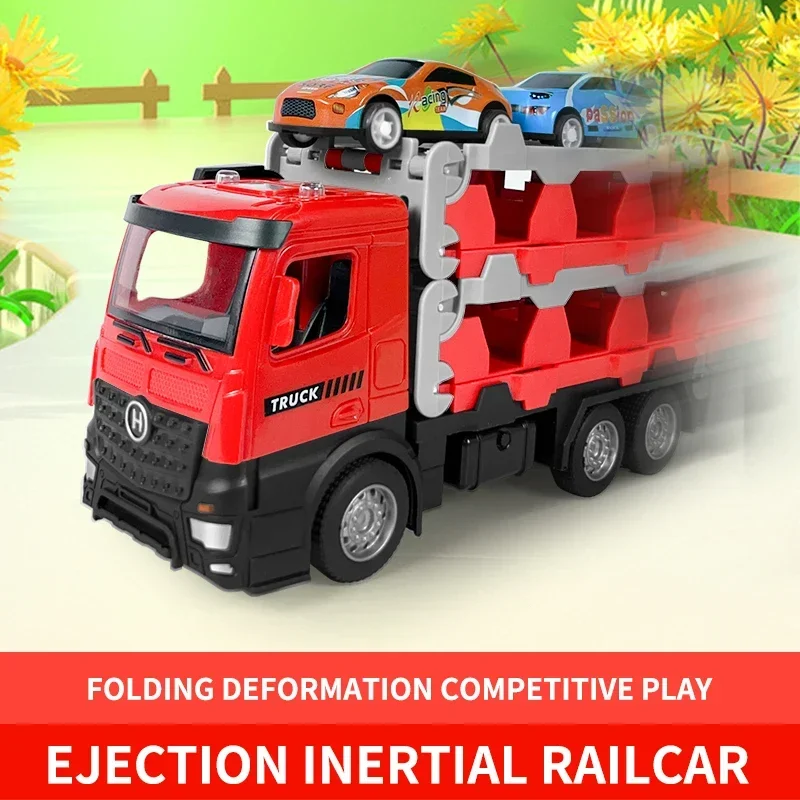 Alloy Cars Toy Container Storage Truck Model Catapult Deformation Ejection Rail Track Car Set Trailer Toys for Boys Kids Gifts