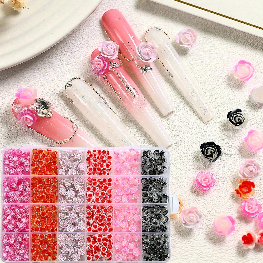 

Black Pink Gradient 3D Resin Rose Nail Charms 24 Grids Mixed Color Gothic & Sweet Style Flowers Nail Art Decoration Accessories-