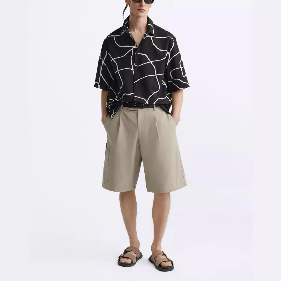 

2025 summer new men's loose printed foam gauze short sleeved casual shirt