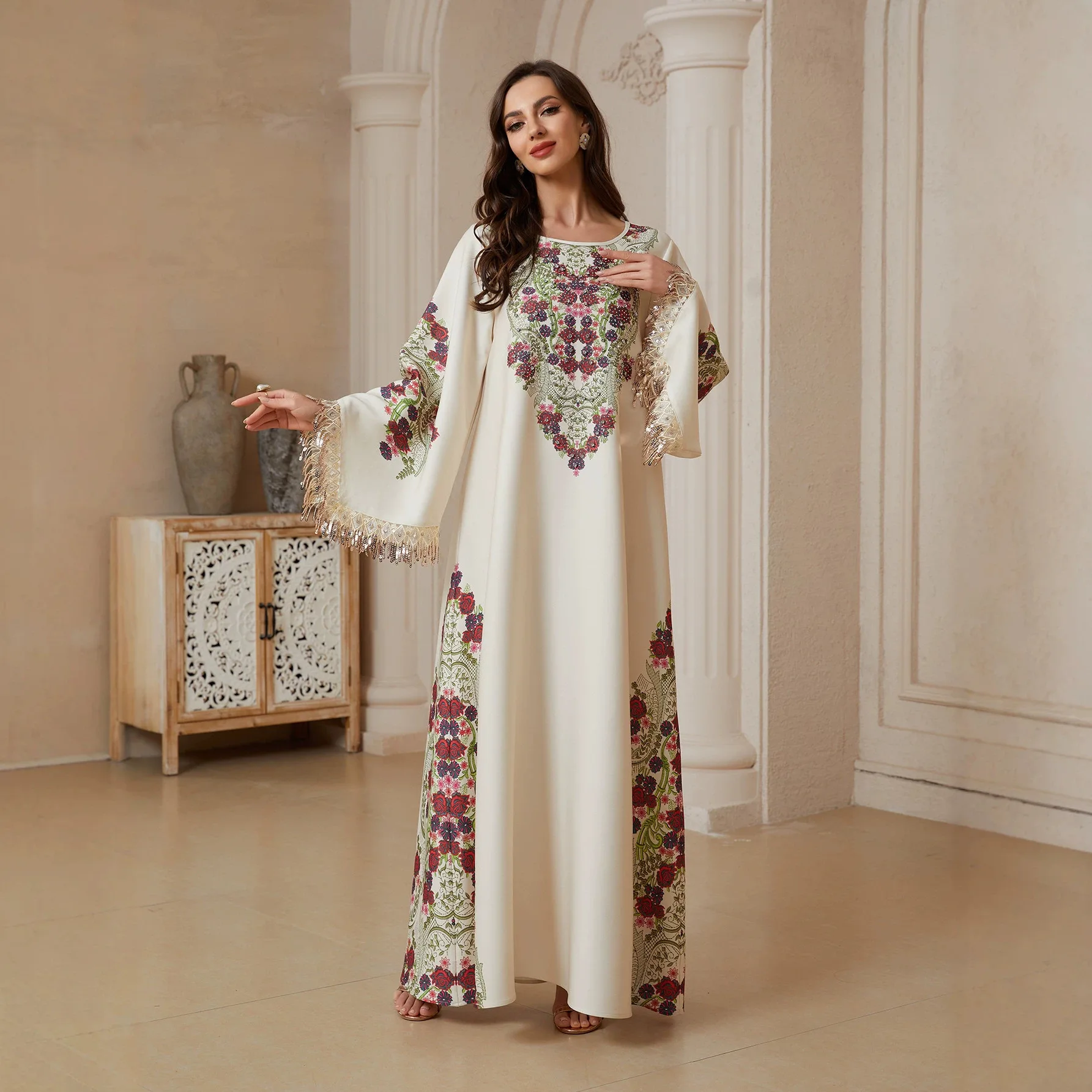 

Sw2614 Women's V-neck Printed Tassel Elegant Dress 2026 Muslim Long Dress Robe Abaya Ramadan Dubai Luxury Islam Elegant